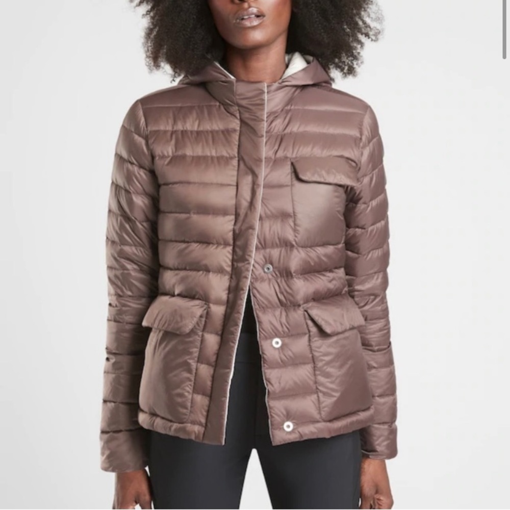 Athleta Pulse Reversible Down Jacket Coat Mocha and Cream Size Medium